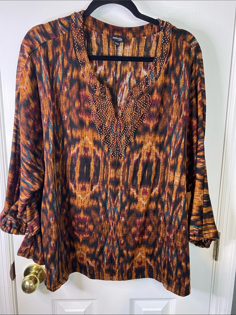 Rafaela Multicolor Beaded V-Neck Tunic - Amber, Brown, Blue Accents Size 1X.